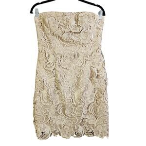 Cache Womens Vintage Gold Lace Strapless‎ Dress Size 8 Floral Lace Mini Cocktail